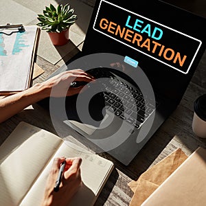 Lead generation start button on screen. Digital marketing and business strategy concept.