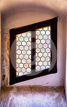 Lead glass decorative window in wooden frame