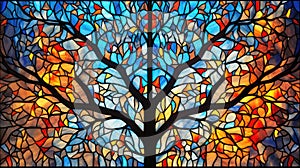 Lead glass window background in orange, blue and black lines created with Generative AI