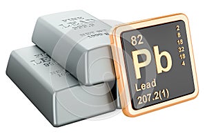 Lead ingots with chemical element icon Plumbum Pb, 3D rendering photo