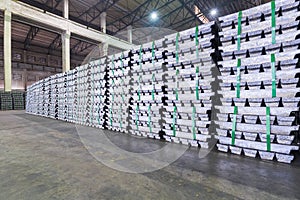 Lead ingots in a factory warehouse