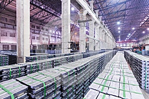 Lead ingots in a factory warehouse