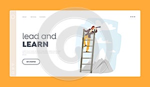 Lead and Learn Landing Page Template. Business Woman Climb Ladder Watching to Spyglass. Business Vision Illustration