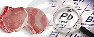 Lead pollution in pork - concept with the Mendeleev periodic table and fresh pork steak HACCP Hazard Analyses and Critical