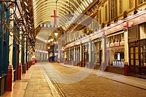 Leadenhall covered market arcade interior at night in London