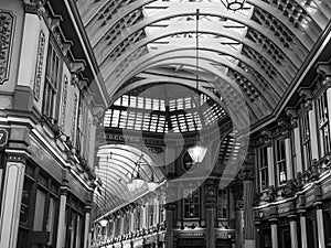 Leadenhall Market in London, black and white