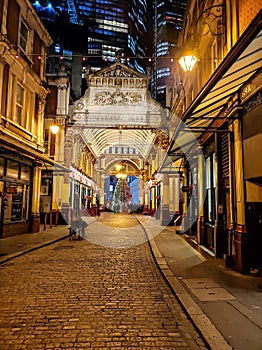 Leadenhall Market in London, Uk. Leadenhall Market is a covered market located in the historic centre of the City of London financ