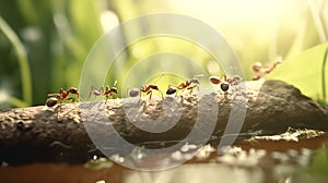 the leader of the ants, guides his colony across the river through a tree branch. Team work concept