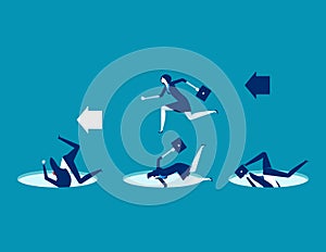 Leader avoiding pitfalls. Concept business vector business illustration. Flat character design, Trapped, Leadership, Cartoon