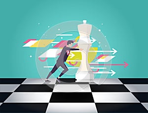 Leader choose the best strategic way to move chess. Vector flat illustration.