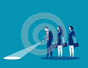 Leader with flashlight leading his colleagues to success. Concept business vector illustration, Teamwork