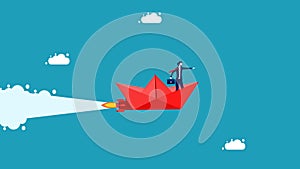 Leader flying in paper boat pointing business direction. vector illustration