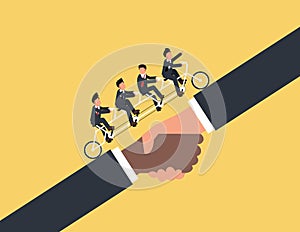 Leader helping business team, Chasing for success. Group of business partners riding tandem bicycle reaching goals together