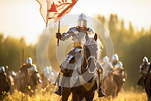 Leader of knights army riding horse holding heraldry flag. Generative AI