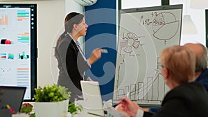 Leader making sales report for top company managers drawing charts on white board