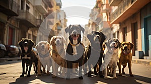 The leader of the pack, a group of stray dogs, the loneliness of a dog on the streets of the city