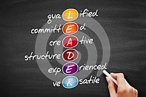 LEADER - Qualified, Committed, Creative, Structured, Experienced, Versatile acronym, business concept background