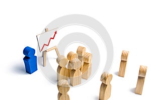 The leader is standing near the graph with a red up arrow speaks a speech addressing a crowd of people. Business concept of leader photo