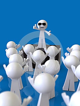 Leader talking in front of crowd of people, vertical, 3D render