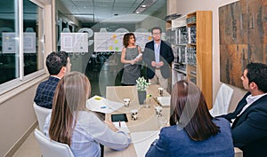 Leader team having bussiness meeting in headquarters