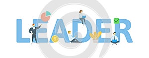 LEADER word concept banner. Concept with people, letters, and icons. Flat vector illustration. Isolated on white