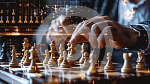 leaders hands strategically moving chess pieces on a digital board. Generated-AI