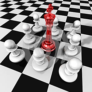 Leadership business concept with red glass chess king and pawns