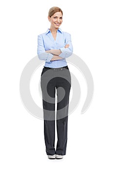 Leadership, business fashion and portrait of woman with smile and motivation for startup success on white background