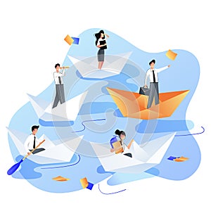 Leadership, career, success business concept. Businessmen people sailing by paper boats. Vector flat illustration