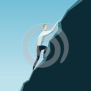 Leadership concept. A businessman is climbing on a top of the mo