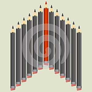 Leadership concept. Group of black pencils with red one. Vector illustration