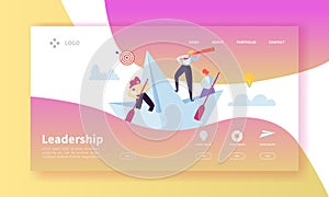 Leadership Concept Landing Page Template. Website Layout with Flat People Characters with Spyglass on Paper Ships
