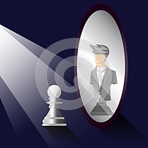 Leadership concept, light shining to chess-pawn, pawn looking in the mirror and seeing a black-chess-businessman, vector