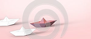 Leadership concept with Origami Paper ship leading on Red, Paper art design banner background