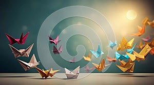 Leadership concept with paper boats. 3d rendering toned image, Generative AI illustrations