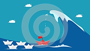 Leadership concept. The red paper boat defies the stormy waves. vector