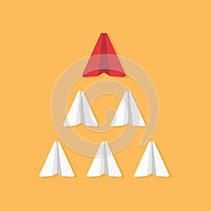Leadership concept. Red paper plane leading white airplanes. Success, winner abstract vector illustration.