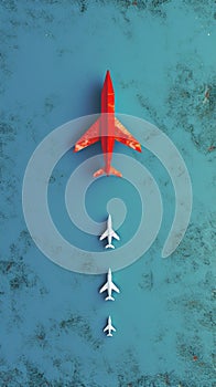 Leadership concept Red plane leads white plane, business competition symbolism