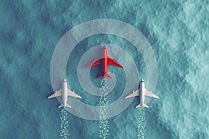 Leadership concept Red plane leads white plane, business competition symbolism