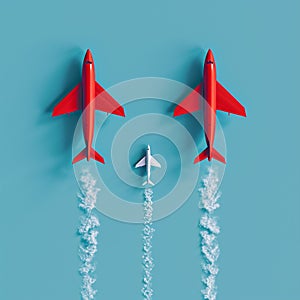 Leadership concept Red plane leads white plane, business competition symbolism
