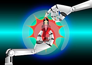 Leadership concept, robot touching a red-chess-businesswoman, blue light background, vector illustrator