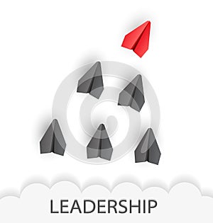 Leadership concept. Unique red leader paper plane lead other with word LEADERSHIP. Vector