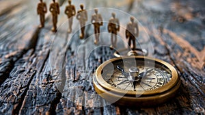 Leadership concept with wooden figures and vintage compass on rustic tabletop