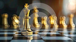 leadership and courage in business competition with a realistic photograph featuring a golden King chess piece standing