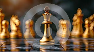 leadership and courage in business competition with a realistic photograph featuring a golden King chess piece standing