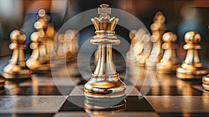 leadership and courage in business competition with a realistic photograph featuring a golden King chess piece standing