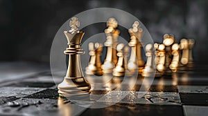 leadership and courage in business competition with a realistic photograph featuring a golden King chess piece standing