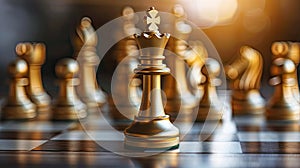 leadership and courage in business competition with a realistic photograph featuring a golden King chess piece standing