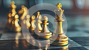 leadership and courage in business competition with a realistic photograph featuring a golden King chess piece standing