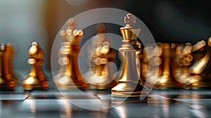 leadership and courage in business competition with a realistic photograph featuring a golden King chess piece standing